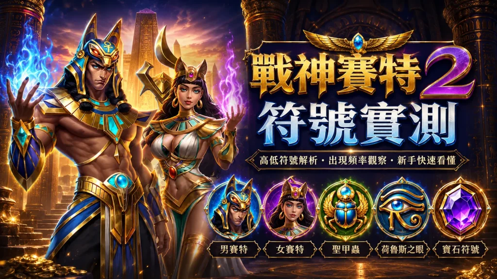 《戰神賽特2》遊戲符號實測宣傳圖,大圖展示賽特與貝斯特女神,下方一排小圓框展示男賽特、女賽特、聖甲蟲、荷魯斯之眼、寶石符號。