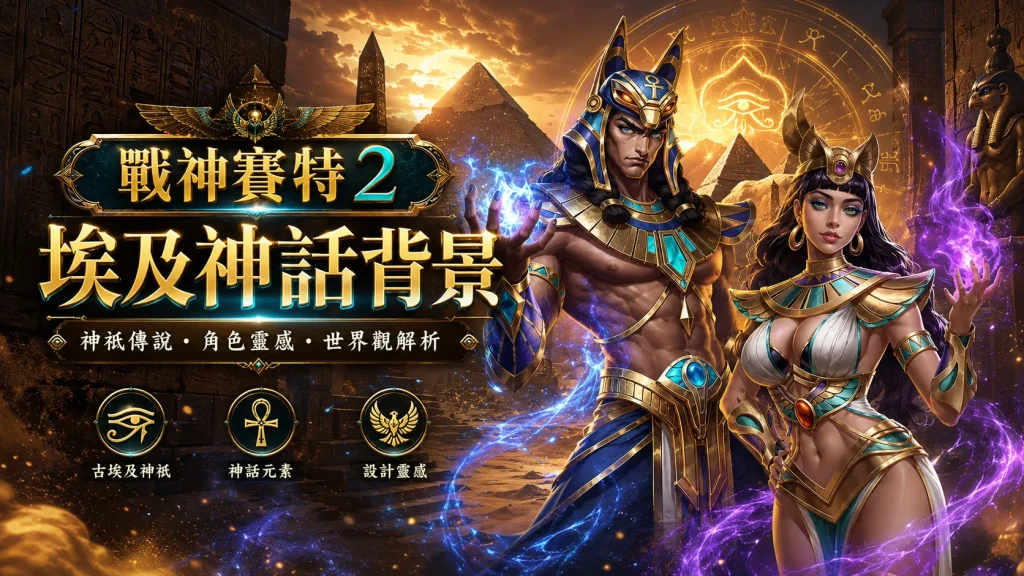 《戰神賽特2》黃昏金字塔背景宣傳圖,展示神祇傳說、古埃及神祇、神話元素與設計靈感選單。