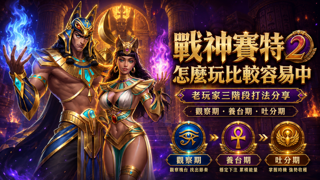 《戰神賽特2》三階段打法核心技巧解析,詳細標示觀察期、養台期、吐分期三個階段的投注心法。