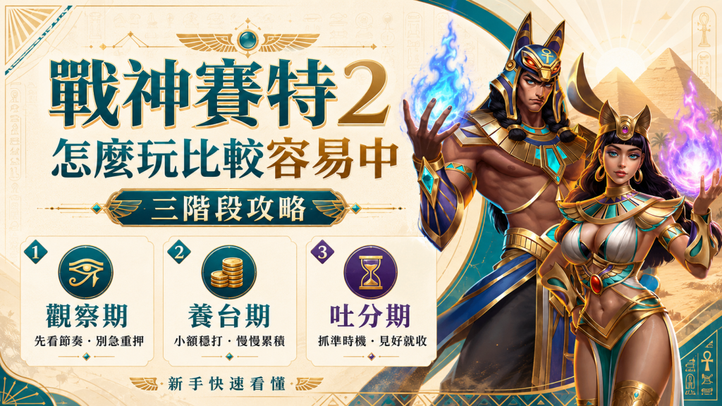 《戰神賽特2》新手快速看懂三階段攻略圖,以清晰卡片形式說明觀察期、養台期與吐分期的詳細下注策略。