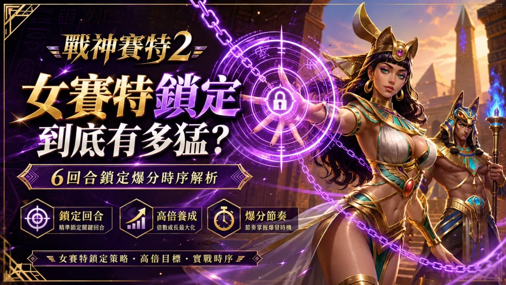 《戰神賽特2》女賽特鎖定技巧說明圖,展示貝斯特女神觸碰紫色鎖頭目標與周圍鎖鏈,並列出三大核心下注技巧。