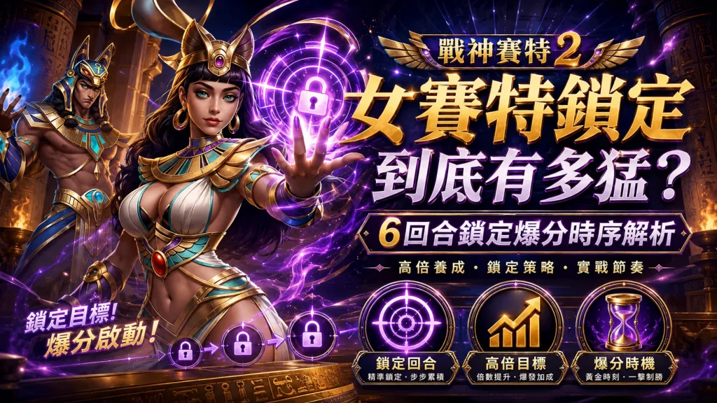 《戰神賽特2》女賽特鎖定實戰解析圖,展示貝斯特女神與連續鎖頭符號,包含鎖定回合、高倍目標與爆分時機三個說明徽章。