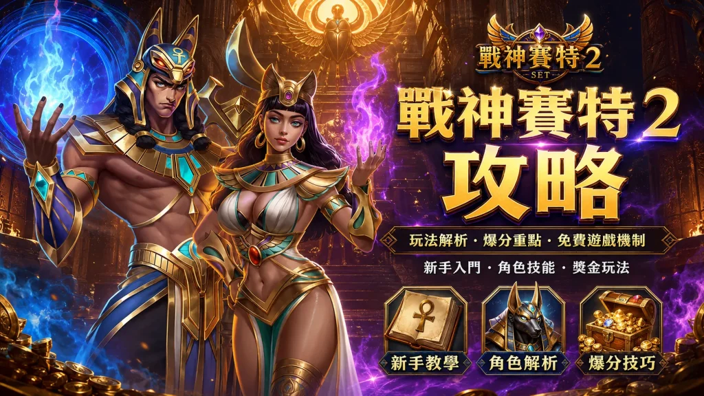 《戰神賽特2》攻略導引橫幅,展示神秘埃及神殿背景,賽特與貝斯特神施展魔法,包含玩法解析、爆分重點牌匾,以及新手教學、角色解析、爆分技巧選單徽章。