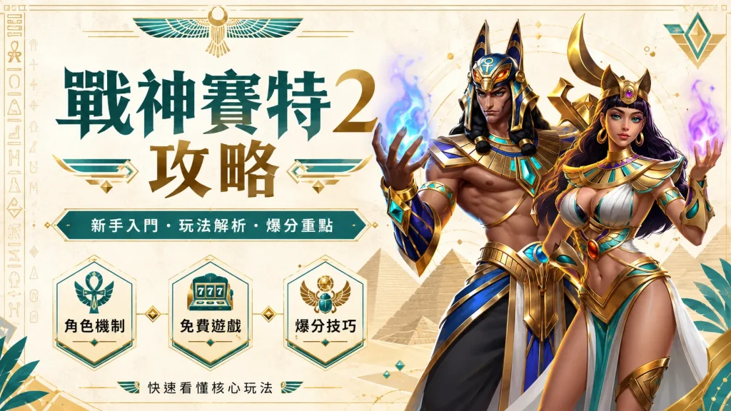 《戰神賽特2》核心玩法攻略卡片,展示賽特與貝斯特神、沙漠金字塔背景,包含角色機制、免費遊戲、爆分技巧三張詳細卡片。
